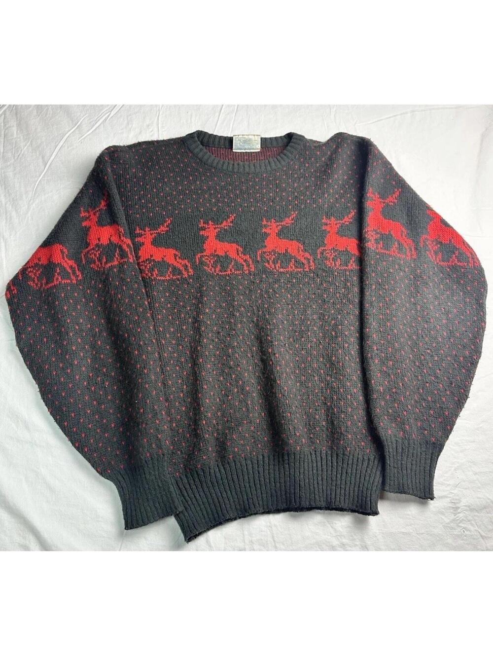 🦌✨ Vintage Crown Korea Deer Sweater Gray Red Nordic Cozy 🦌✨